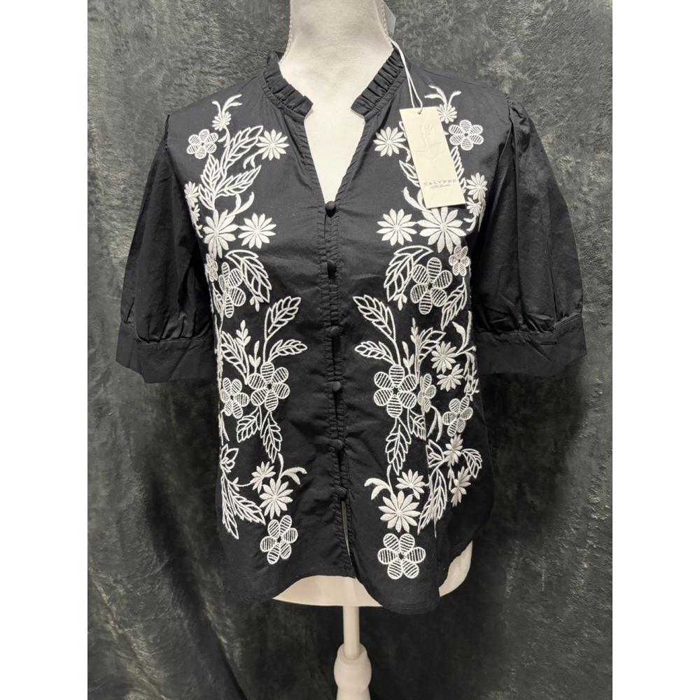 NWT Calypso St Barth Black & White Floral Embroidered Button Up Top Size Med - Picture 1 of 4